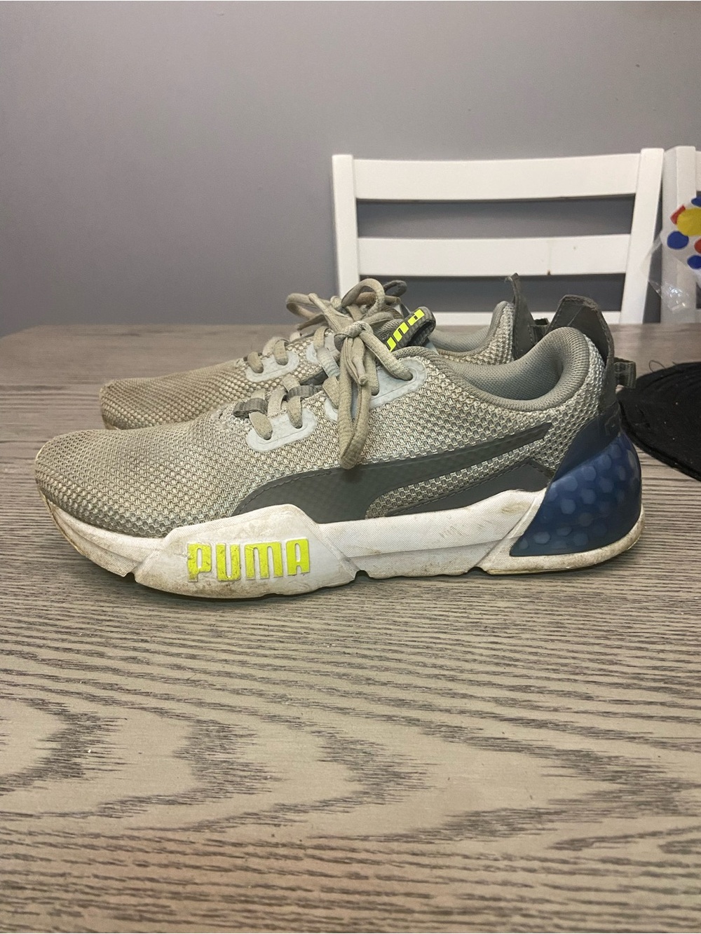 Puma Kids Light Gray Mesh Sneakers with Blue Heel and Neon Yellow Logo